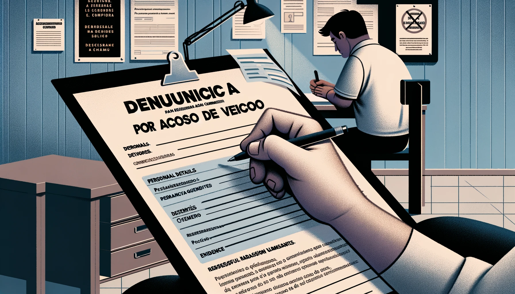 Como denunciar a un vecino por acoso 2 DALL·E 2023 12 01 13.14.10 A horizontal image illustrating the process of filing a complaint against a neighbor for harassment in a community setting. The scene depicts a person