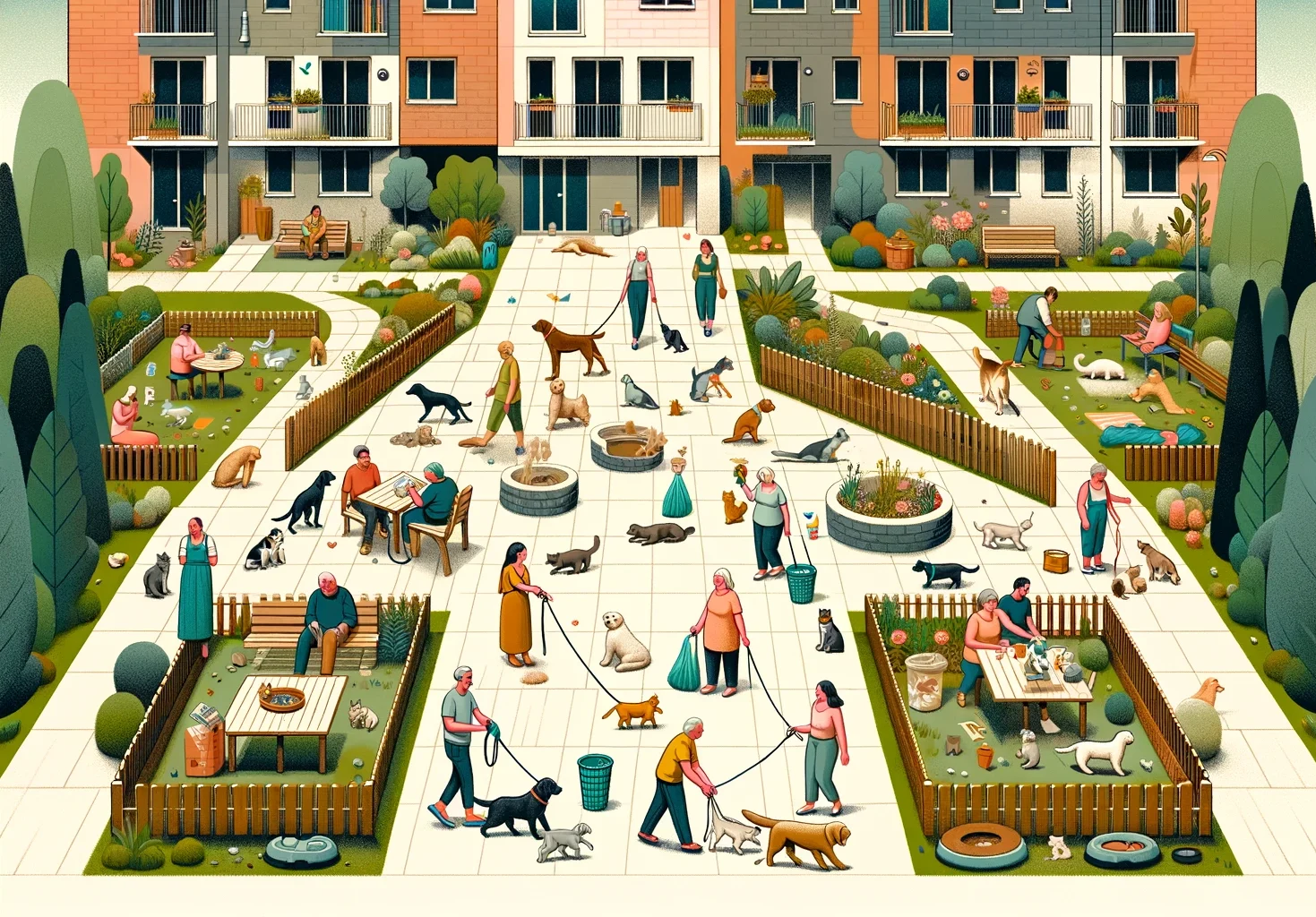 Mascotas en Comunidades de Propietarios según Ley de Bienestar Animal 4 DALL·E 2024 02 06 19.08.49 An illustration depicting a harmonious coexistence between pets and residents in a community of property owners inspired by the principles of the Ani e1707243001384