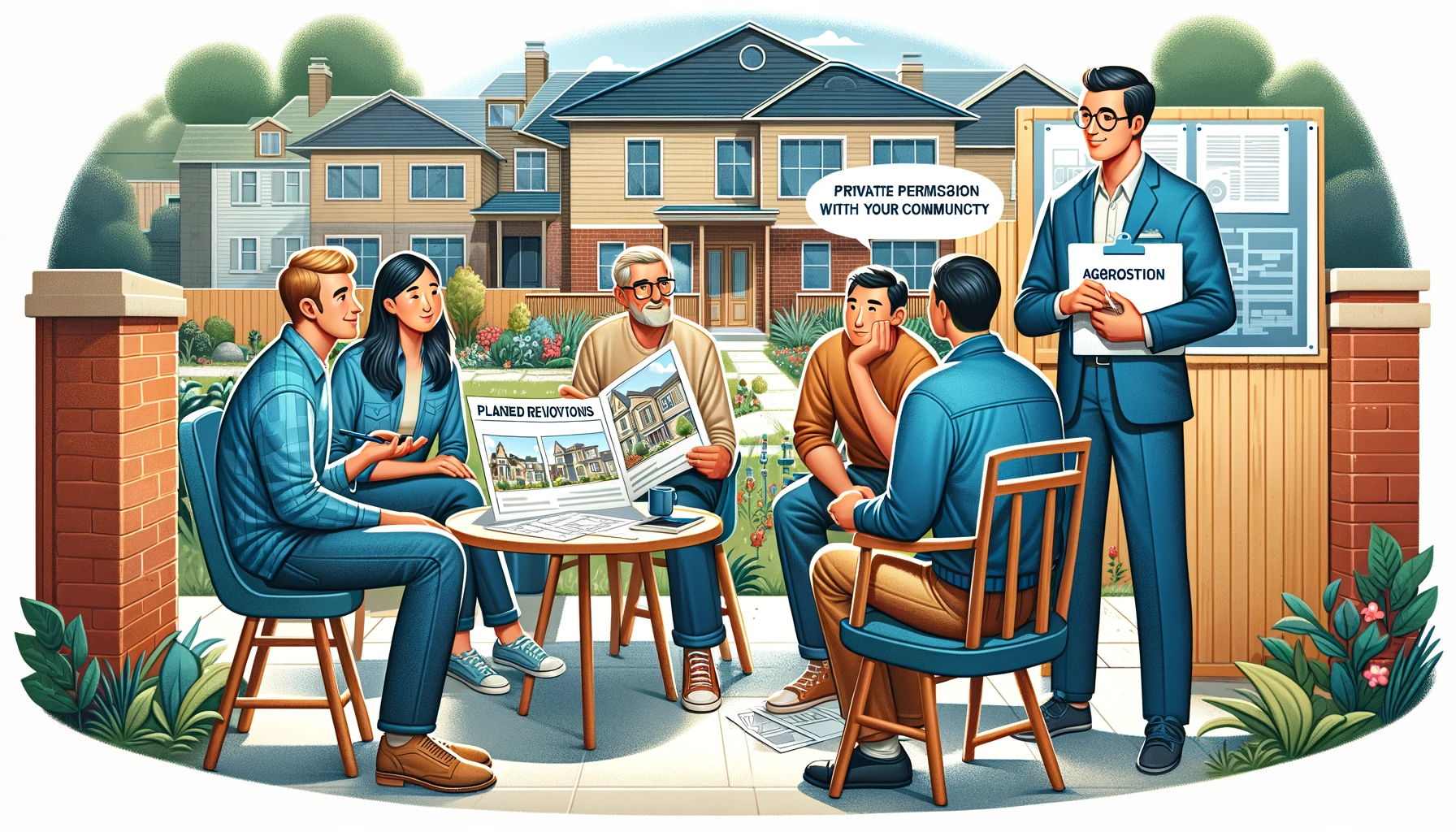DALL·E 2024 02 13 19.57.43 Illustration showing a scenario where a property owner is discussing planned renovations with neighbors and a community representative in a friendly a