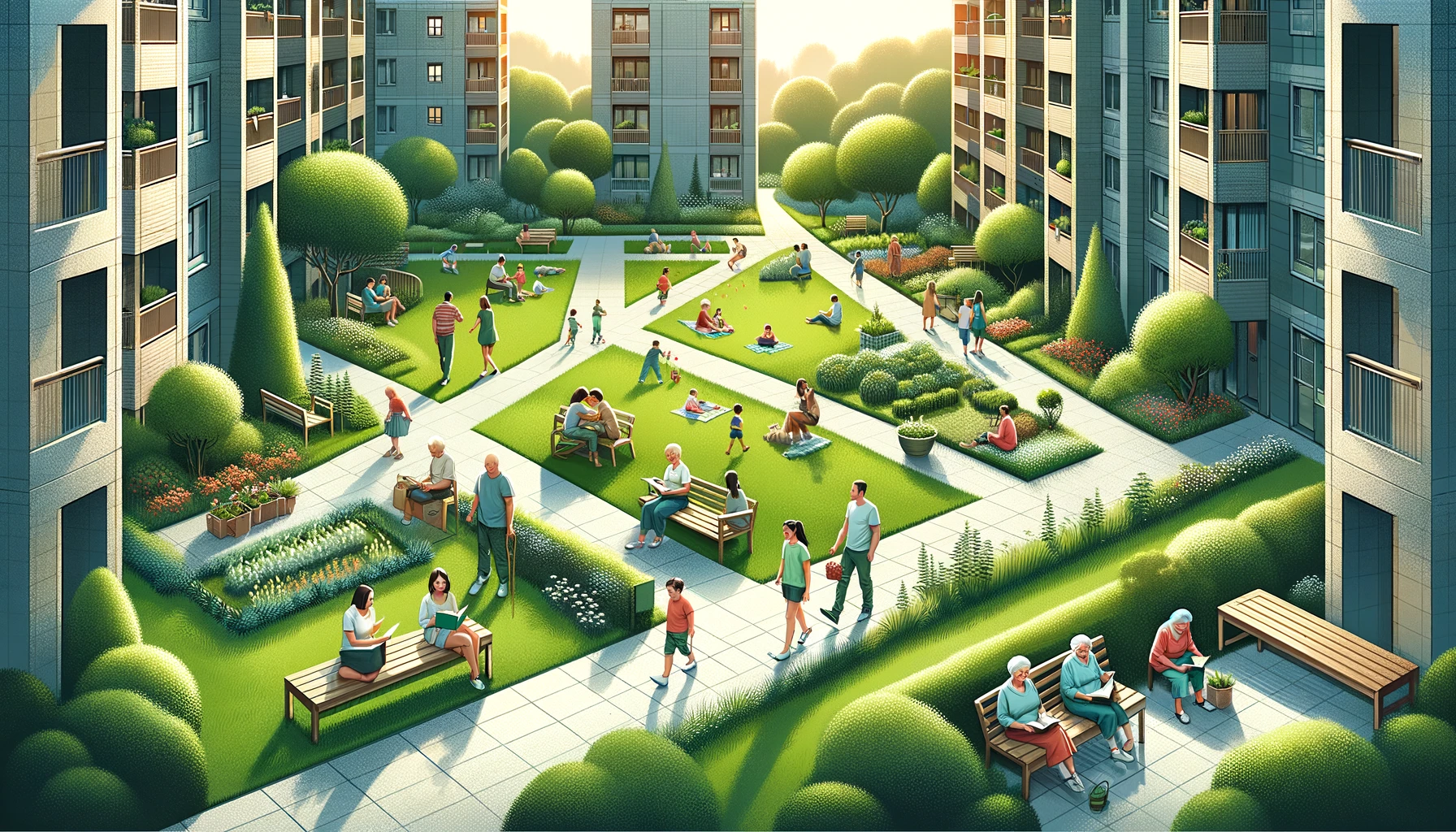 Tu Jardín Secreto: Derechos sobre el Uso del Jardín Comunitario 3 DALL·E 2024 02 21 14.12.53 A horizontal illustration depicting a serene and well maintained communal garden accessible from an apartment building showcasing a diverse group of