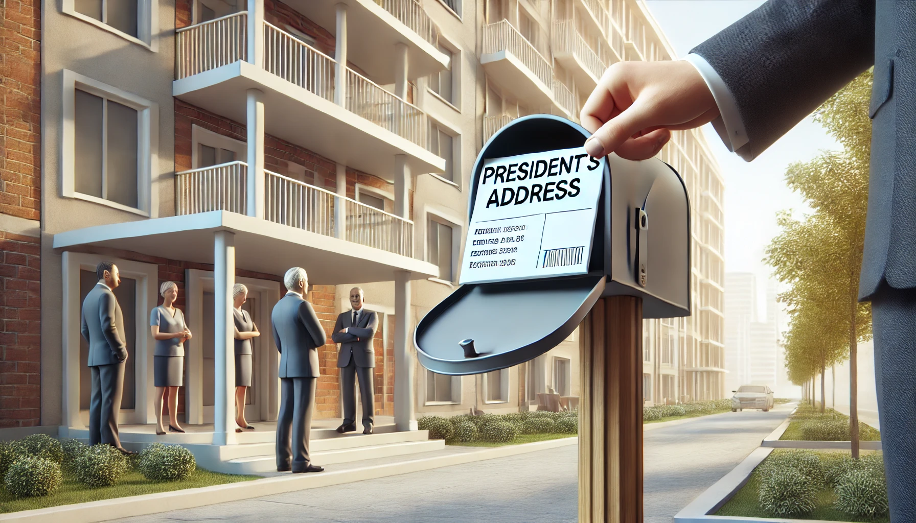 ¿Se puede facilitar la dirección de un presidente que no vive en la comunidad? 2 DALL·E 2024 08 26 12.24.56 A horizontal image showing a modern apartment building with a mail slot and a document labeled Presidents Address being inserted. The background sh