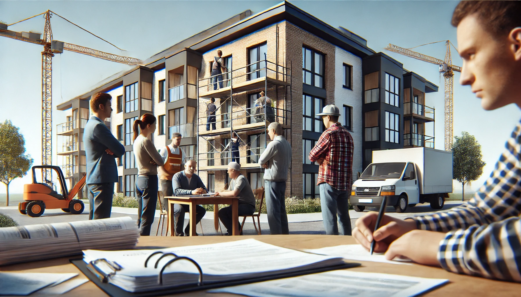 ¿Cuándo prescriben las obras ilegales en una comunidad de propietarios? 3 DALL·E 2024 09 30 11.05.38 A horizontal image showing a modern apartment building where construction work is taking place on one of the units. In the foreground concerned neigh 1