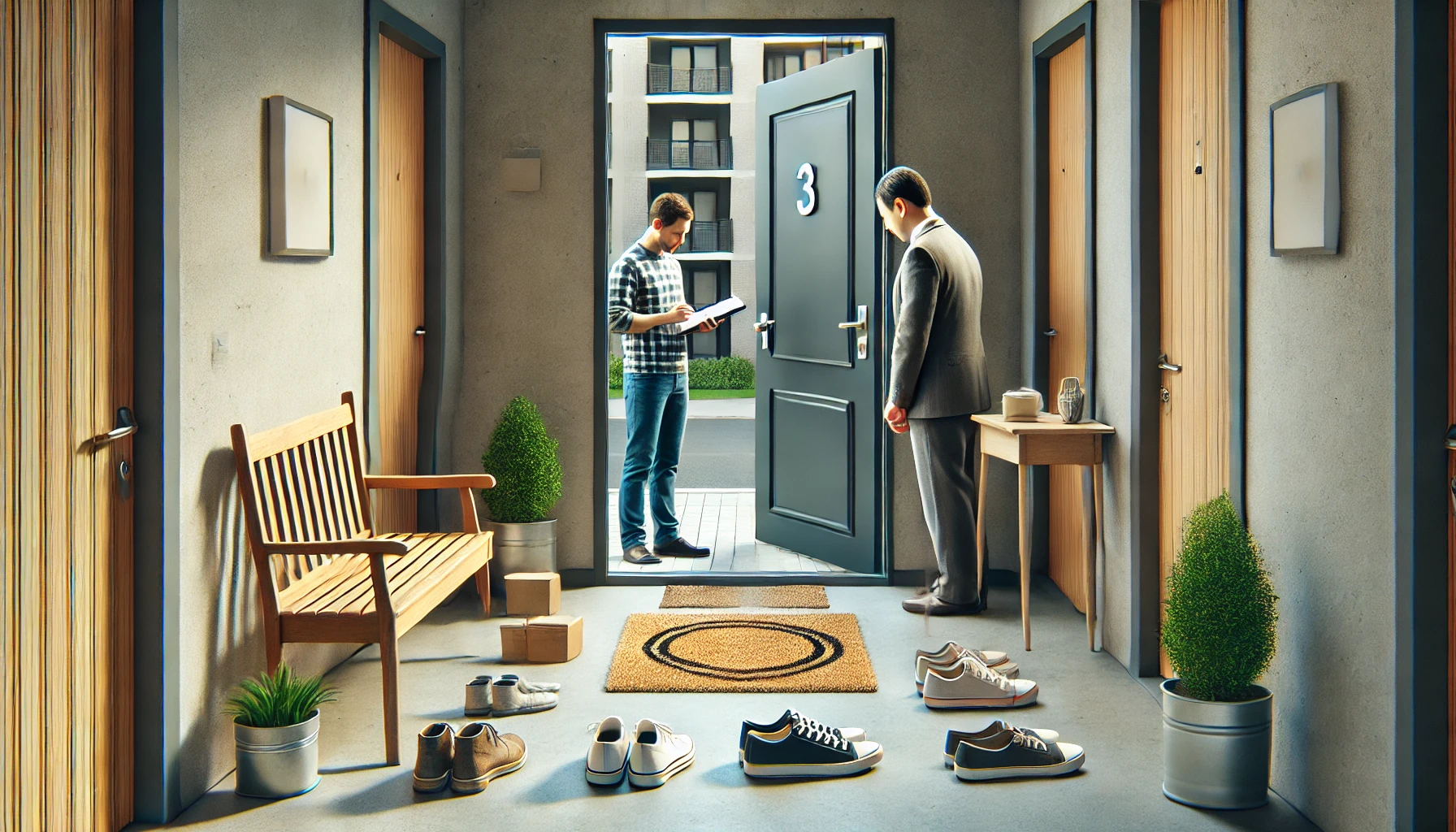 DALL·E 2024 10 03 19.00.06 A horizontal image showing the entrance of an apartment door in a modern building. The area outside the door has items like shoes a doormat and a sm