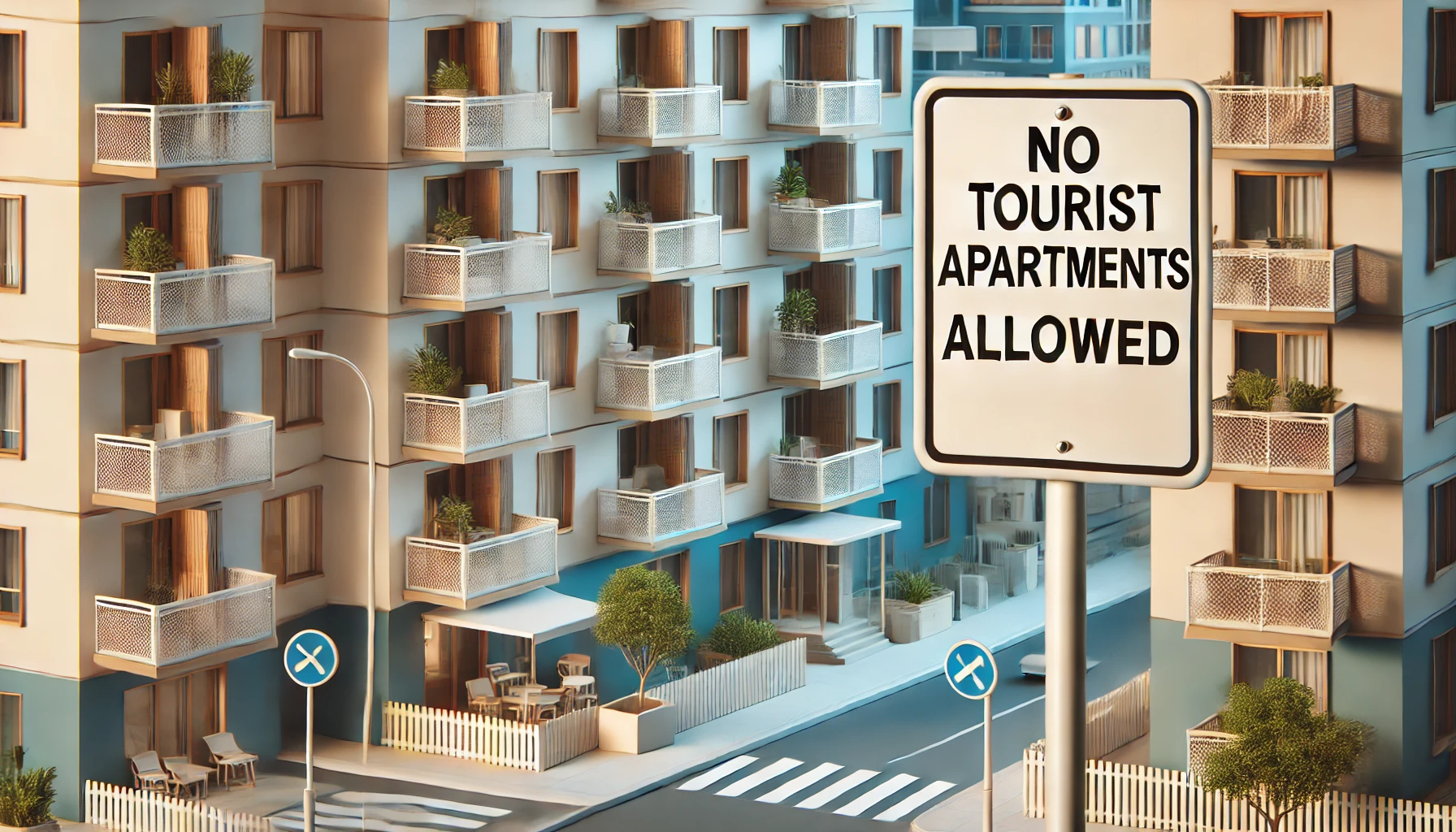 ¿Puede la comunidad de propietarios prohibir los pisos turísticos? 2 DALL·E 2025 01 08 17.59.04 A horizontal image showing an urban residential building with a visible sign saying No Tourist Apartments Allowed. The setting includes balconies w