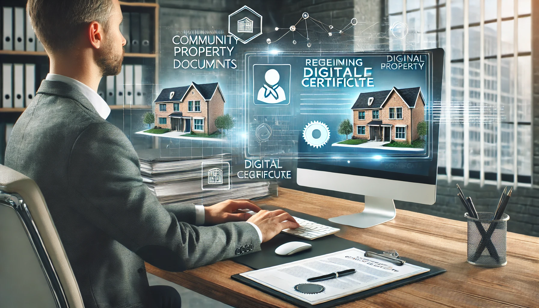 DALL·E 2025 03 18 18.07.33 A horizontal image showing a person managing community property documents on a computer using a digital certificate. The setting includes a modern of