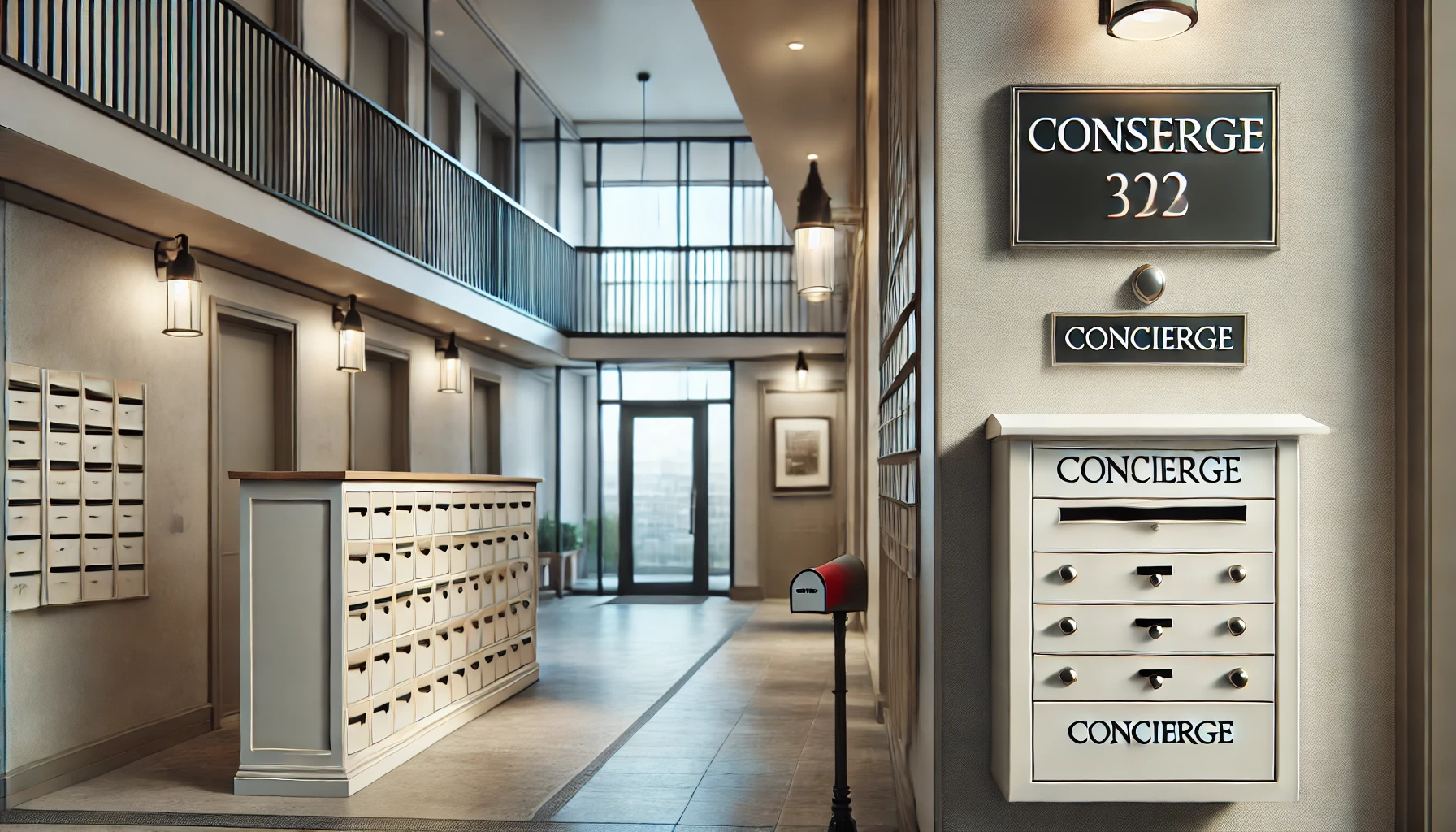 DALL·E 2025 03 18 18.10.44 A horizontal image showing the entrance of a residential apartment building with a small door labeled Conserje concierge indicating a concierge l